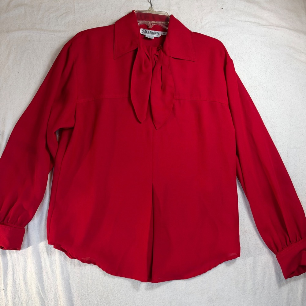 Alexandria Vintage Red Tie Neck Blouse Long Sleeve Button Front Top Size 10